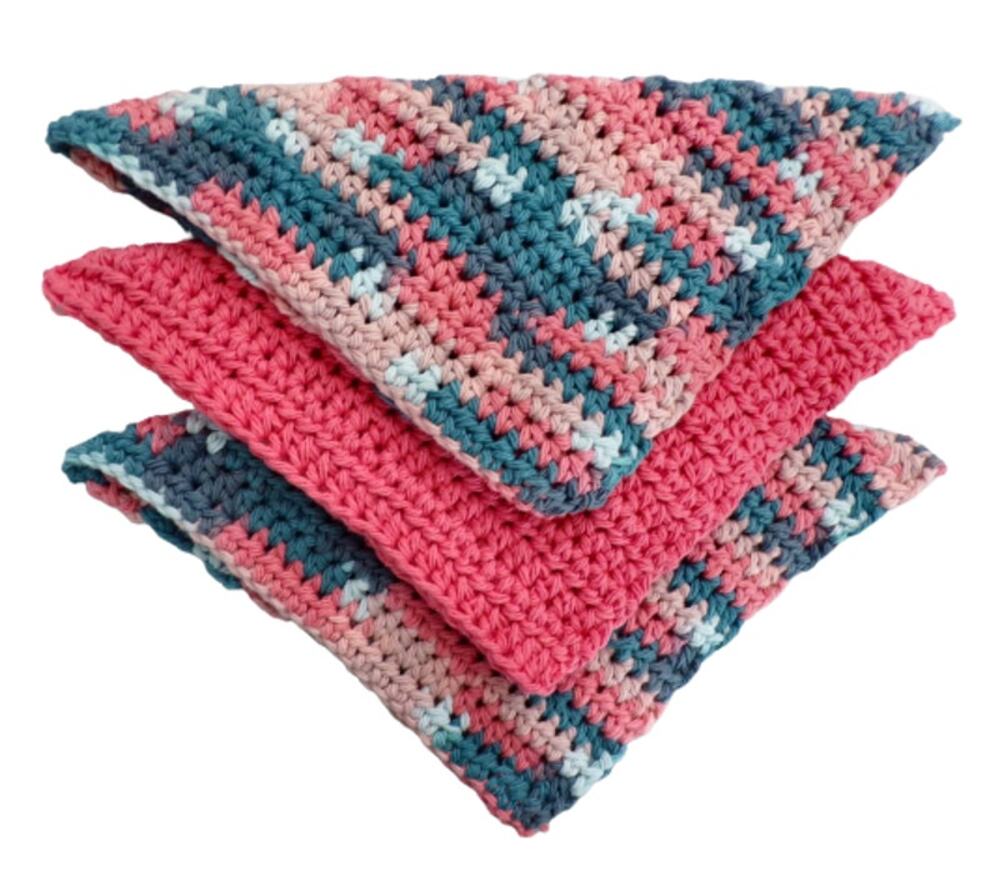 (3) Handmade Crocheted Dishcloths Washcloths 100% Cotton Coral Seas Ombre